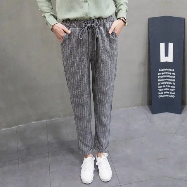 Spring Korean Loose Cotton And Hemp Pants Women'S Summer Harem Pants Plaid Casual Feet Women'S Pants Thin Dark Grey Stripe - Shop at LoveMi