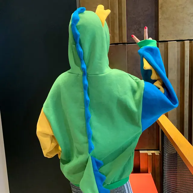 European And American Cute Irregular Color Matching Hooded Dinosaur Sweater In Winter Three Colors Green - Shop at LoveMi
