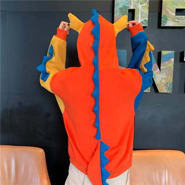 European And American Cute Irregular Color Matching Hooded Dinosaur Sweater In Winter Three Colors Orange - Shop at LoveMi