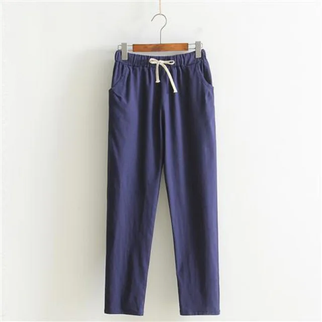 Loose Casual Linen Cropped Trousers With Thin Feet Harem Pants Navy Blue - Shop at LoveMi