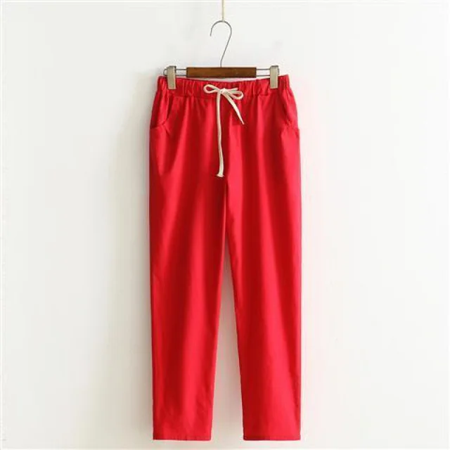 Loose Casual Linen Cropped Trousers With Thin Feet Harem Pants Red - Shop at LoveMi