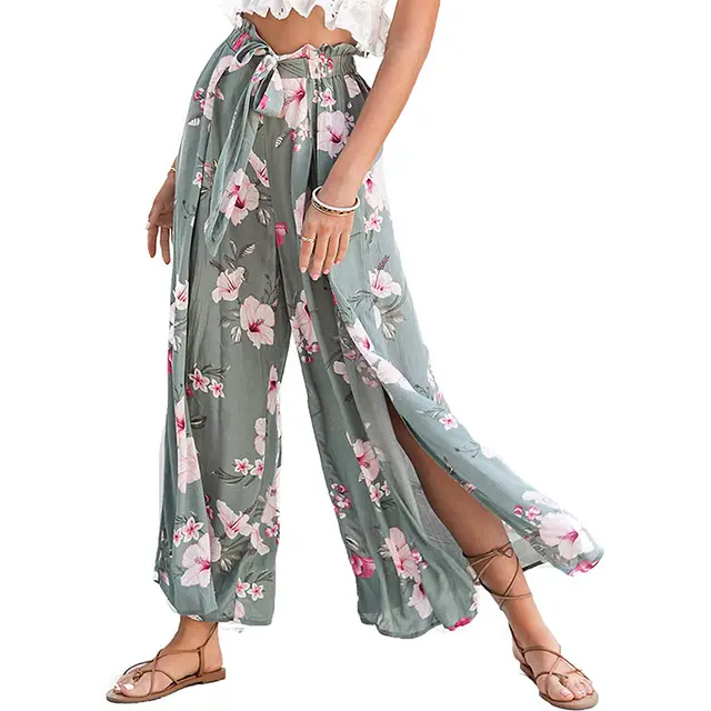 Printed Slit Ultra thin Trousers Straight Loose Slacks Green - Shop at LoveMi