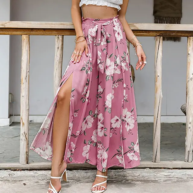 Printed Slit Ultra thin Trousers Straight Loose Slacks Pink - Shop at LoveMi
