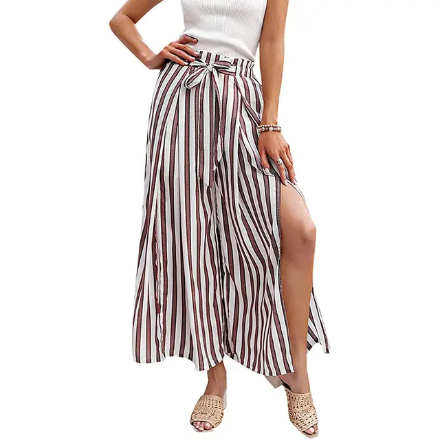 Printed Slit Ultra thin Trousers Straight Loose Slacks Red White Stripes - Shop at LoveMi