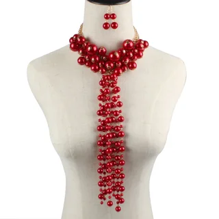 Ethnic Style Multi-Layer Tassel Necklace With Imitation Pearl - Red