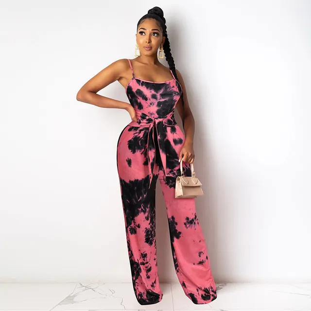 Printed High Waist Sleeveless Backless Suspender Jumpsuit Rose Red - Shop at LoveMi