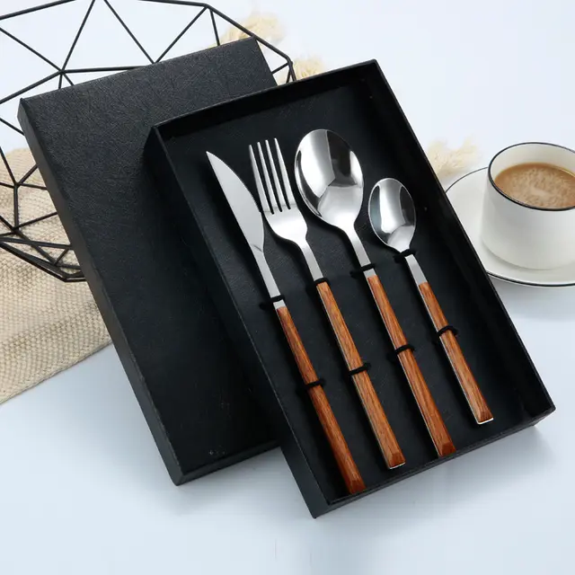 Stainless Steel Cutlery Set With Imitation Wooden Handle Four Piece Set With Gift Box - Shop at LoveMi