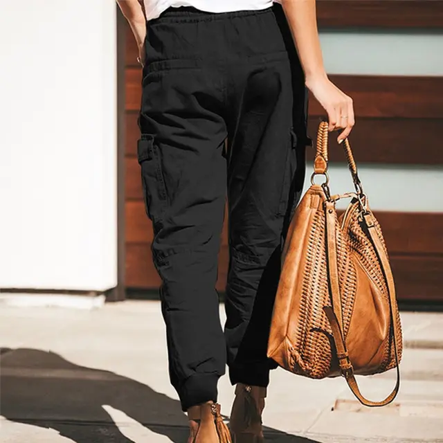 Solid Color Casual Fashion Pocket Lace up Cargo Trousers Black - Shop at LoveMi
