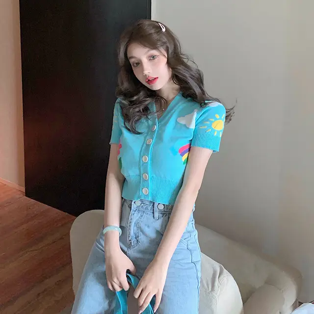 T ShirtSummer New All Match Small Short Cardigan V Neck Short Sleeved T Shirt Female Blue Crop Top Bm Blue - Shop at LoveMi