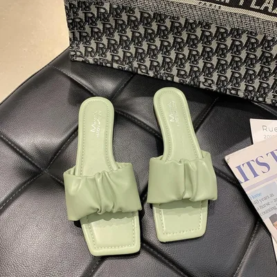 One Line Flat Sandals Women'S Outer Wear Pleated Patent Leather Moccasins Green - Shop at LoveMi