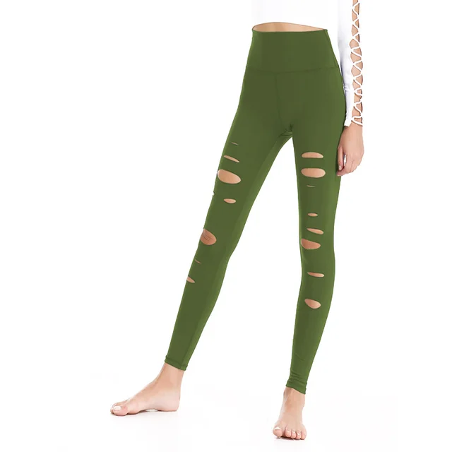 High Waist Ripped Tights, High Stretch And Quick drying Sports Fitness Running Leisure Yoga Pants Green - Shop at LoveMi