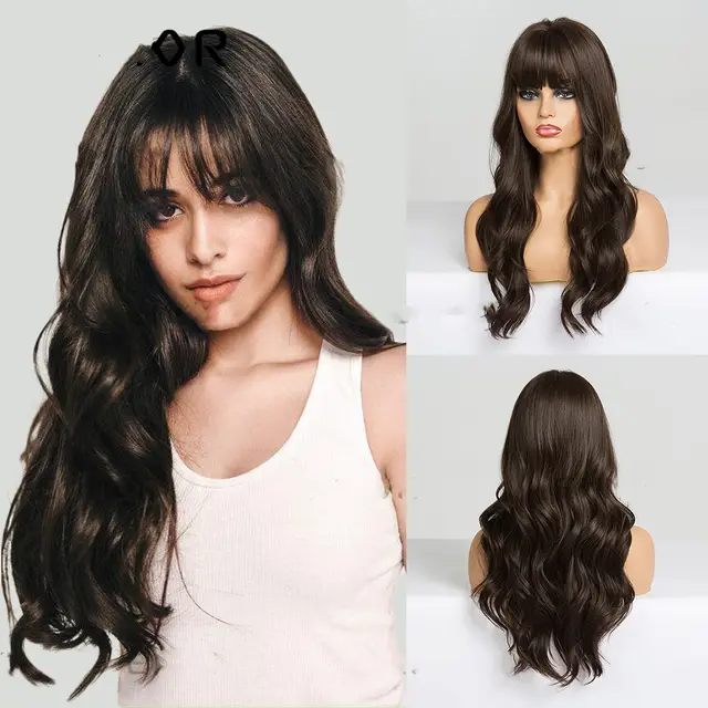 Black Brown Long Curly Hair With Bangs - Shop at LoveMi