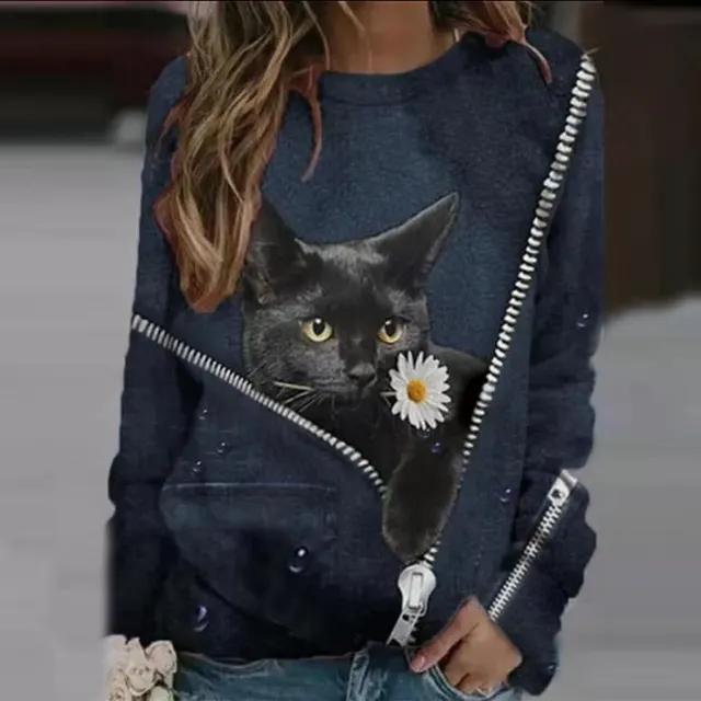 Cartoon Cat Print Casual Long sleeved T shirt Dark Blue - Shop at LoveMi