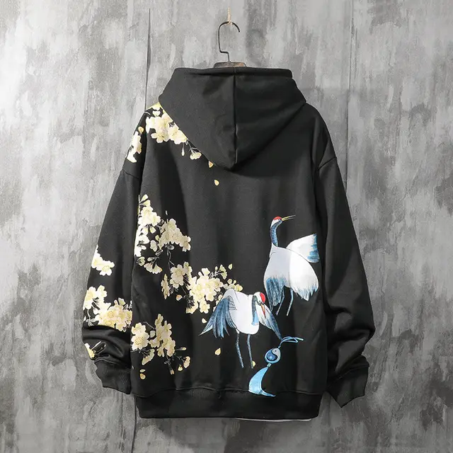 National Tide Crane Sweater Men's Hooded Loose Peach Blossom Antique Coat Black - Shop at LoveMi