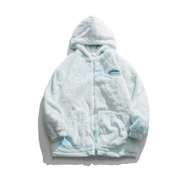 Women's Mid Length Winter Lamb Plush Tie Dye Loose Thick Cotton Hooded Jacket Light Blue - Shop at LoveMi