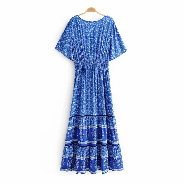 Vintage Chic Women Blue Floral Print Bat Sleeve Beach Dress Blue - Shop at LoveMi