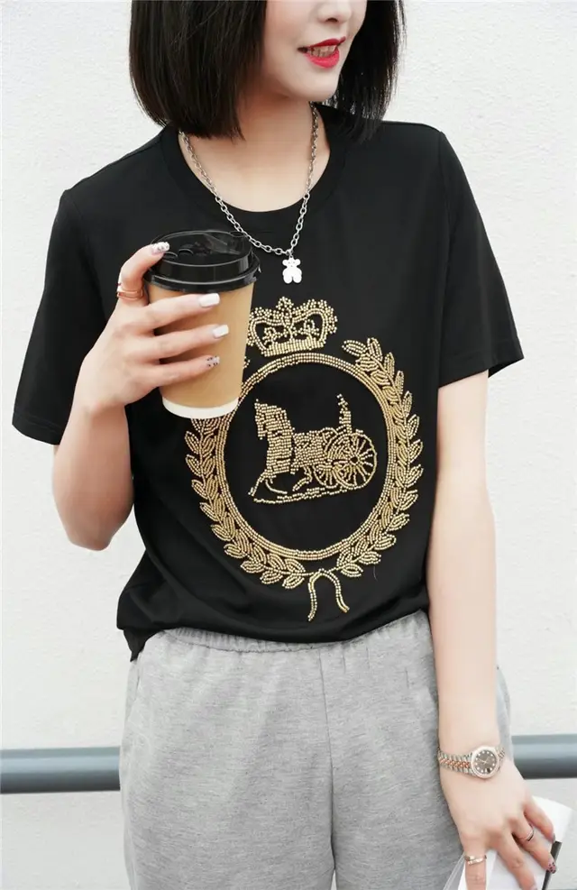 Women's Round Neck Fashion Wheat Ear Carriage Short Sleeved T Shirt Top Black - Shop at LoveMi