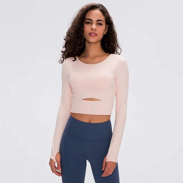 Women's Yoga Long sleeved Top With Chest Pad Short waist Running Sports Fitness Clothes Light Pink - Shop at LoveMi