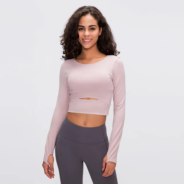 Women's Yoga Long sleeved Top With Chest Pad Short waist Running Sports Fitness Clothes Pink - Shop at LoveMi