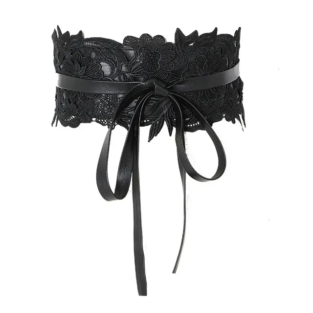 Retro Lace Lace Waist Band Dress Fashionable Wide Belt Female Black And White Korean Summer Autumn Black - Shop at LoveMi