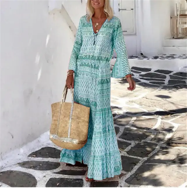Spring And Summer New Ladies Dress Temperament Trumpet Sleeve Bohemian Geometric Print Long Skirt Green - Shop at LoveMi