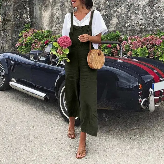 Cotton And Linen Loose Straight leg Casual Overalls Army Green - Shop at LoveMi