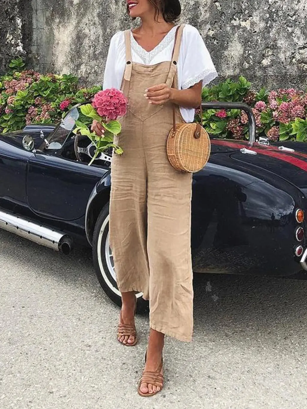 Cotton And Linen Loose Straight-leg Casual Overalls - Khaki