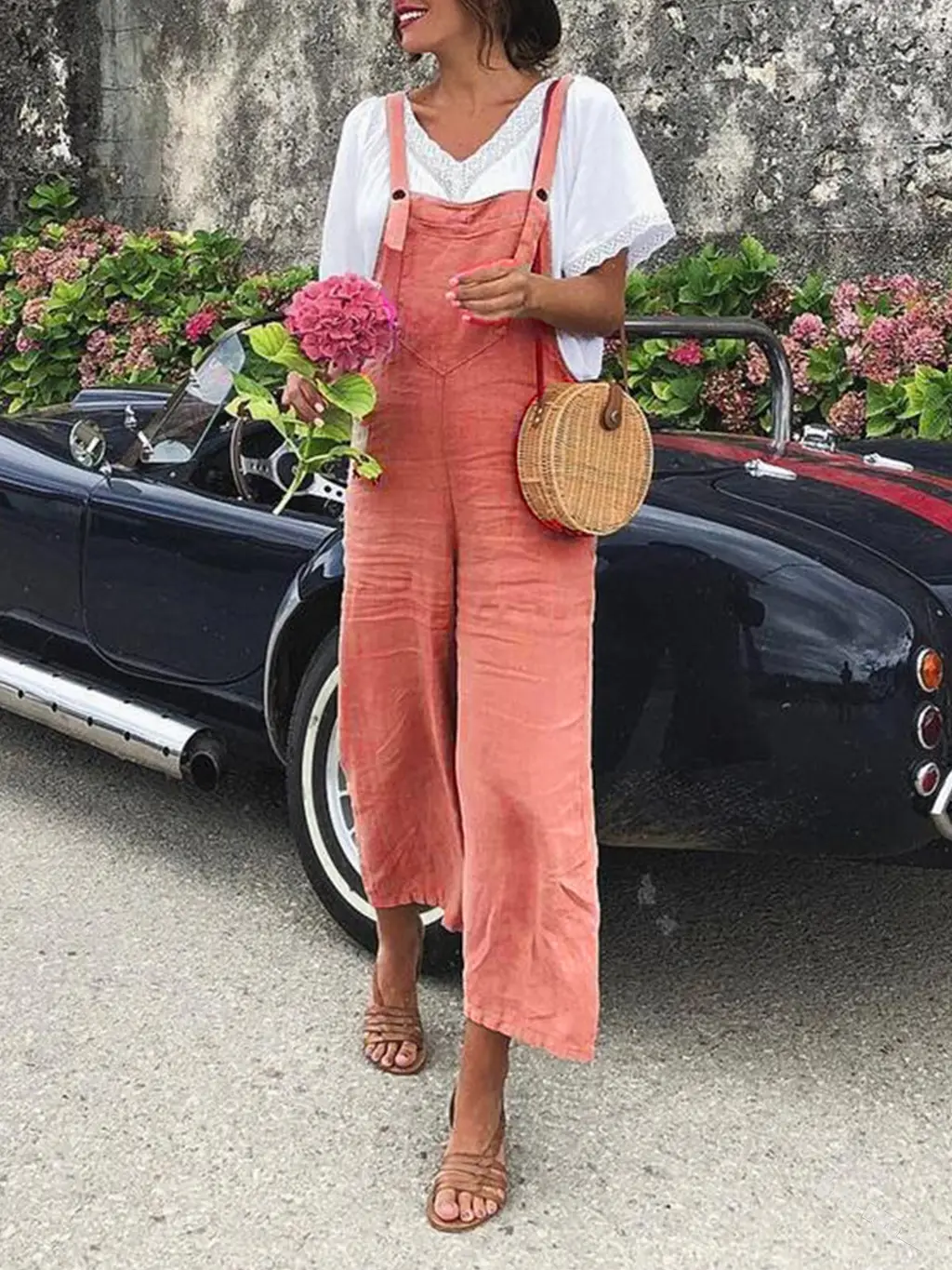 Cotton And Linen Loose Straight-leg Casual Overalls - Pink