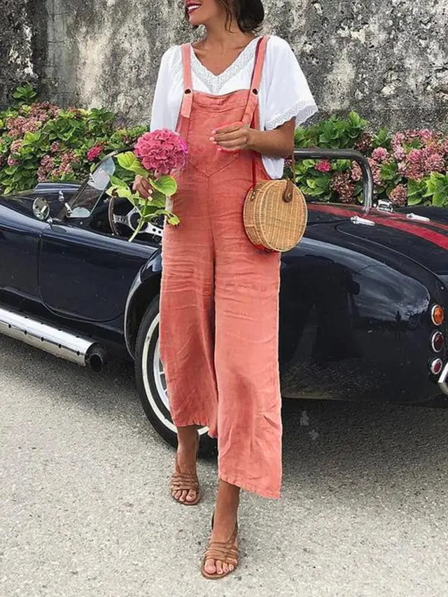 Cotton And Linen Loose Straight leg Casual Overalls Pink - Shop at LoveMi