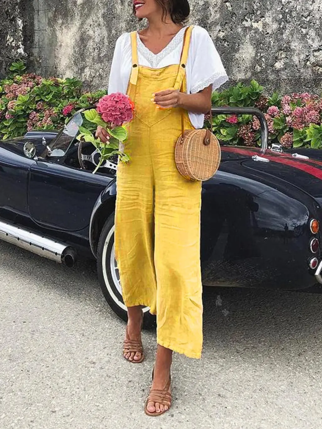 Cotton And Linen Loose Straight-leg Casual Overalls - Yellow