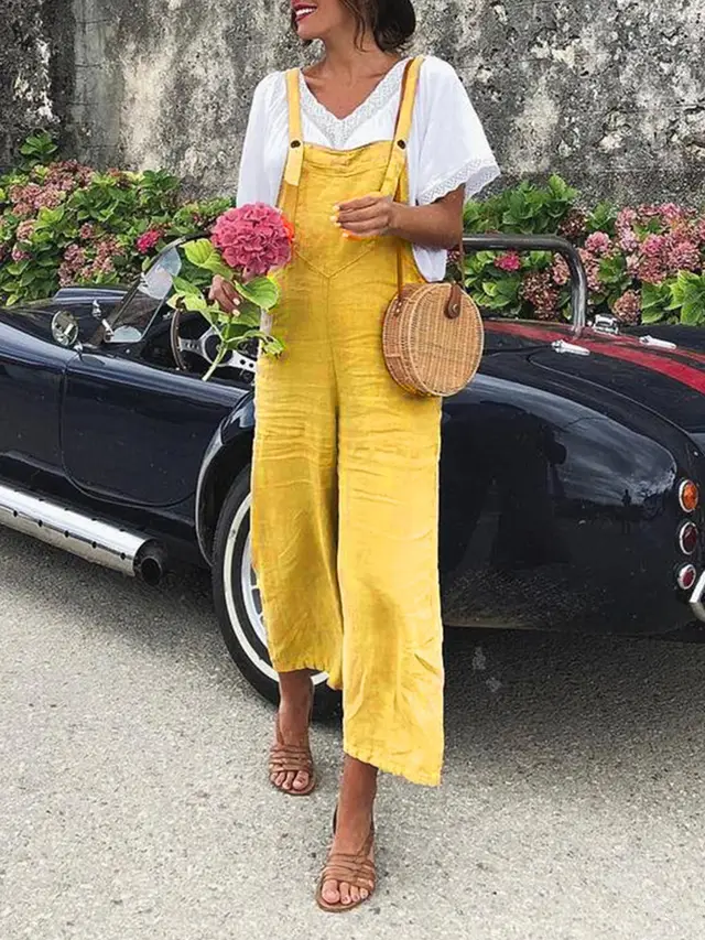 Cotton And Linen Loose Straight leg Casual Overalls Yellow - Shop at LoveMi