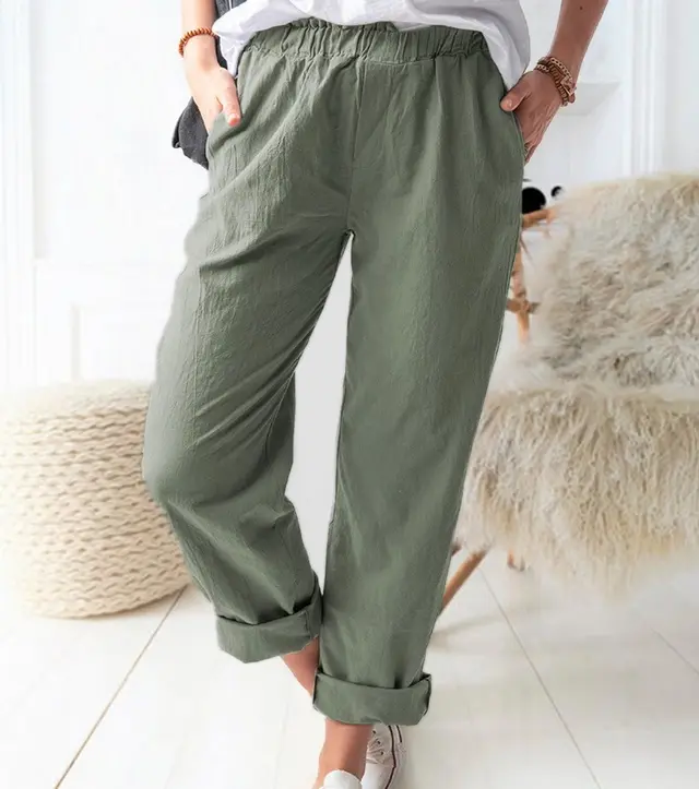 Cotton And Linen Elastic High waist Straight leg Trousers Army Green - Shop at LoveMi