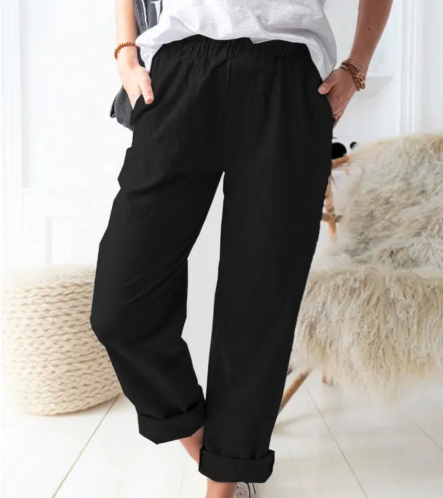 Cotton And Linen Elastic High waist Straight leg Trousers Black - Shop at LoveMi
