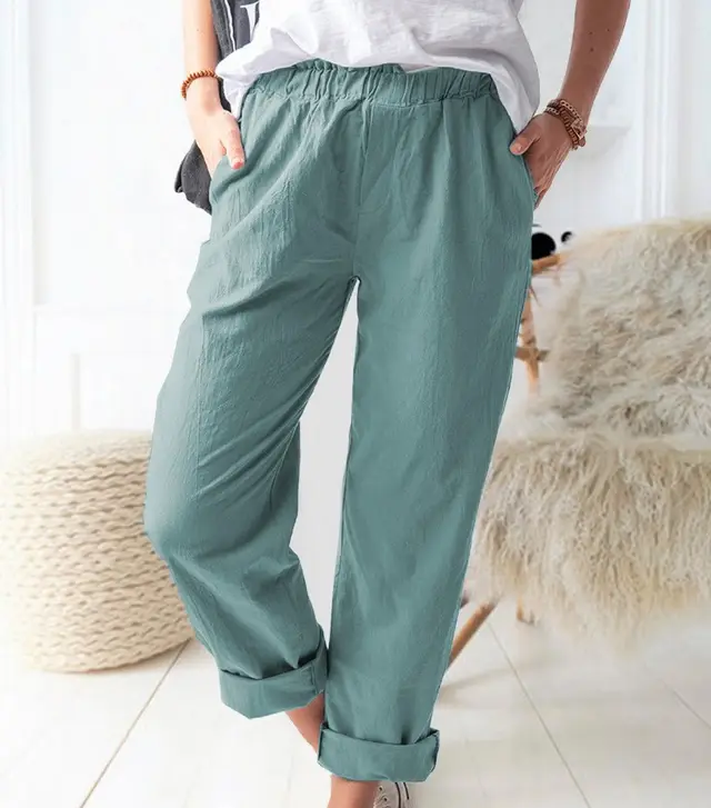 Cotton And Linen Elastic High waist Straight leg Trousers Lake Blue - Shop at LoveMi