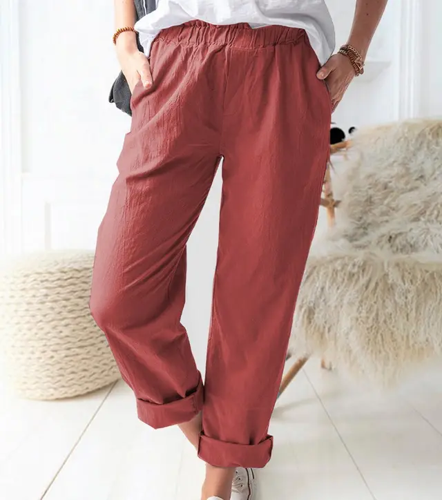 Cotton And Linen Elastic High waist Straight leg Trousers Red - Shop at LoveMi