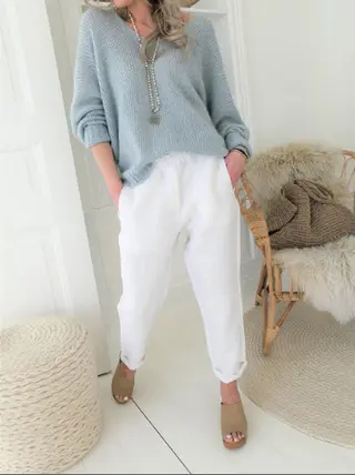 Cotton And Linen Elastic High-waist Straight-leg Trousers - White