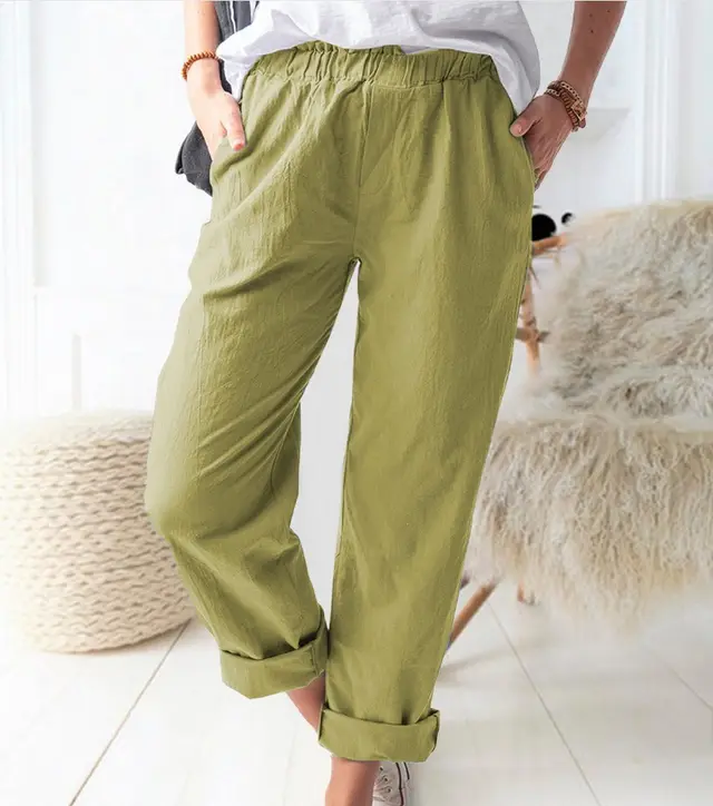Cotton And Linen Elastic High waist Straight leg Trousers Yellow Green - Shop at LoveMi