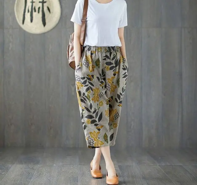 Art Harem Pants Are Thin All Match Female Printing Nine Points Cotton And Linen Flowers - Shop at LoveMi