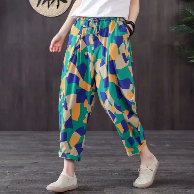 Art Harem Pants Are Thin All Match Female Printing Nine Points Cotton And Linen Green - Shop at LoveMi