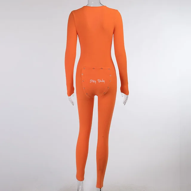 V neck Buttoned Long sleeved Jumpsuit Jumpsuit Orange - Shop at LoveMi
