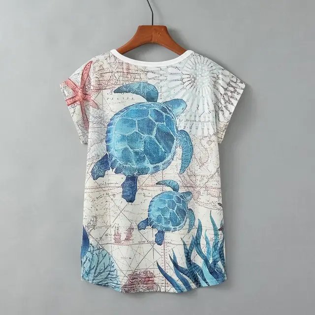 Turtle Print Round Neck Short Sleeve Women Blue - Shop at LoveMi