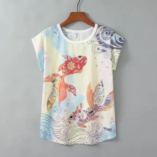 Turtle Print Round Neck Short Sleeve Women