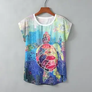 Turtle Print Round Neck Short Sleeve Women - K