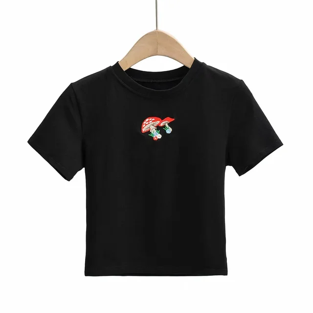 Round Neck Short Sleeves Slim Slimming Short Embroidered T Shirt Black - Shop at LoveMi