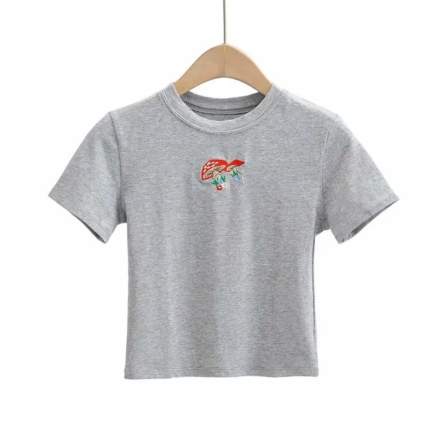 Round Neck Short Sleeves Slim Slimming Short Embroidered T Shirt Grey - Shop at LoveMi
