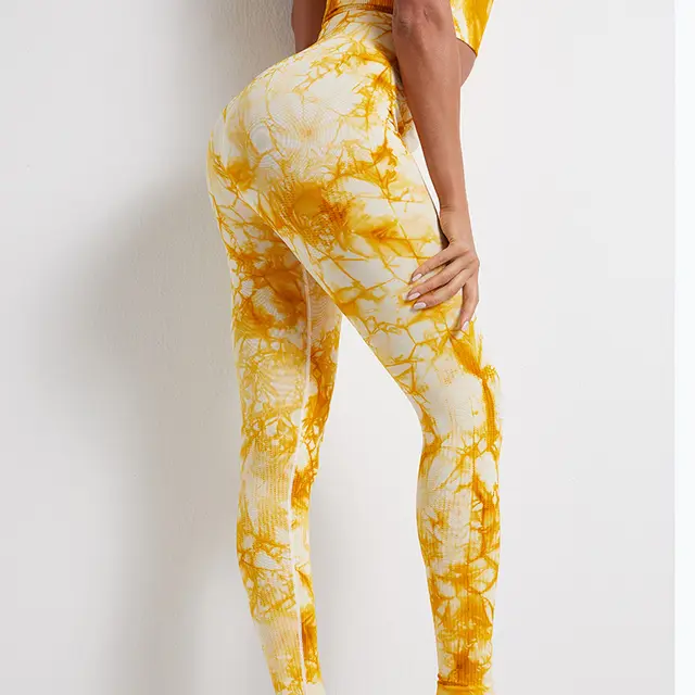 Tie dye printed yoga pants women's high waist buttocks Yellow - Shop at LoveMi