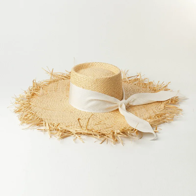 Ring Flat Straw Hat Sunscreen Beach Raffia Straw Hat - White