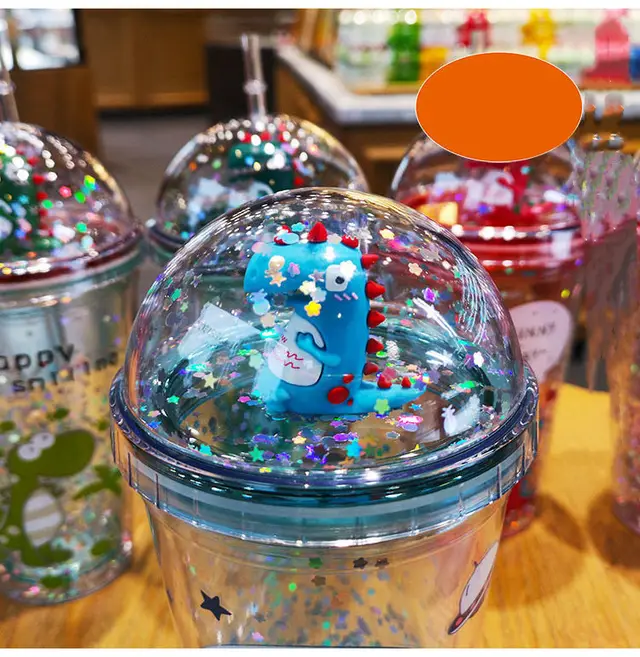 High Value Dinosaur Doll With Straw Water Cup For Female Students Korean Version Of Anti Fall Plastic Creative Handy Cup Blue - Shop at LoveMi
