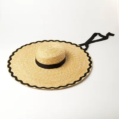 Beach Straw Hat With Wavy Patched Edge, Flat Top And Big Eaves Straw Sunshade Black - Shop at LoveMi