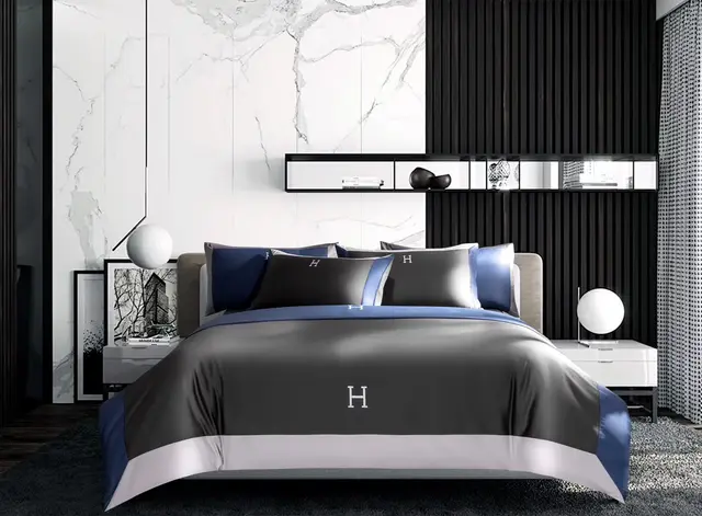 Light Luxury Solid Color 60 Long Staple Cotton Letter Embroidery Four Piece Set Horn Grey - Shop at LoveMi